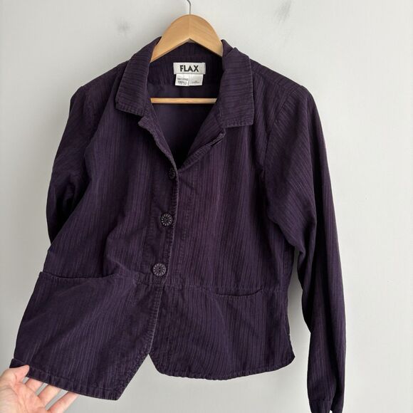 Flax Jacket Womens Small Purple Cotton Corduroy Button Up Blazer Jacket Pockets - Picture 3 of 7